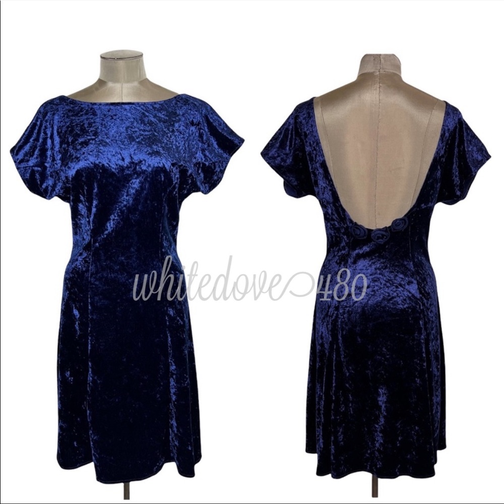 90s Blue Velvet Velour Skater Mini Dress By All That Jazz Size Large